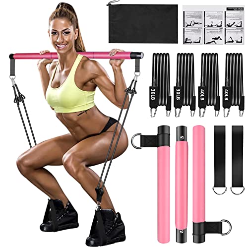 Qicool Pilates bar kit,Pilates Stangen Übungsstock Set mit 4 Widerstandsbändern-2x30lbs,2x40lbs,Tragetasche,Trainings-Widerstandsbänder mit Fußschlaufe für Beine,Hüfte,Taille und Arm (Rosa) von Qicool