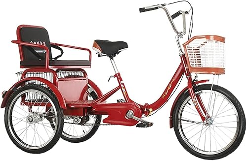 Erwachsene Cruiser Bikes 20 Zoll Trikr Bike Großer Einkaufskorb, Faltbare Dreiräder mit Rücksitz – zum Einkaufen, Training, Erholung, Rot von Qingingg