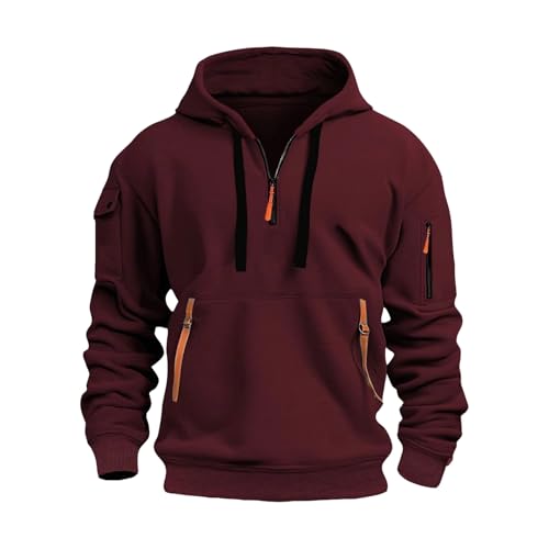 Qinlenyan Lässiger Herren-Kapuzenpullover, Sport, Herbst, Winter, einfarbig, Kordelzug, lange Ärmel, halber Reißverschluss, Armtasche, Riemen, Dekoration, Kapuze, locker für den Alltag von Qinlenyan