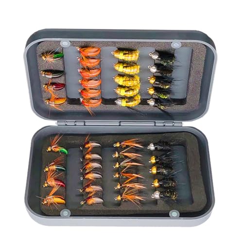 Qitewwrme Fliegenfischen Fliegen Kit, 24-100Pcs Künstliche Fliegenfischen Köder Köder mit trockenen/nassen Fliegen, Streamer, Fliegensortiment Forelle Angeln mit Box (46Pcs/Kit(10 Gemischte Stile)) von Qitewwrme