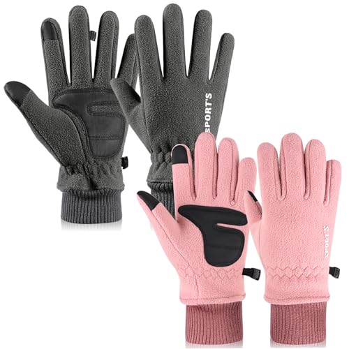 Qixuer 2-Paare Winter Warme Handschuhe für Frauen,Touchscreen Winterhandschuhe Fahrradhandschuhe Sport Winddichte Handschuhe MTB Handschuhe zum Radfahren Laufen Fahren Joggen Skifahren(Grau+Rosa) von Qixuer