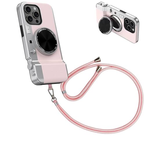 QoKcoahn Kameratasche für iPhone 15 Pro, Kawaii-Handyhülle, 3D-Cartoon, integrierte Vintage-Bluetooth-Kameratasche mit Spiegel und Umhängeband, Leder + weicher TPU-Schutz für iPhone 15 Pro, Rosa von QoKcoahn