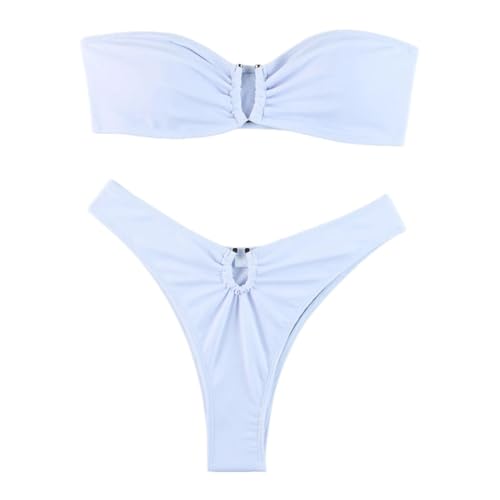 Qsvbeeqj Damen-Bandeau-Badeanzug-Set, trägerlos, gerüschte Schnalle vorne, 2-teilig, einfarbig, Badeanzug von Qsvbeeqj