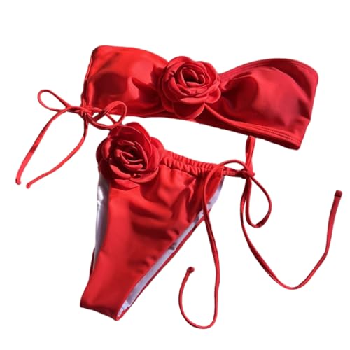 Qsvbeeqj Damen Bandeau Badeanzug Trägerlos Oben Seitlich Verstellbar Unten Zweiteilig Badeanzug Set Bandeau Bikinis Bademode von Qsvbeeqj