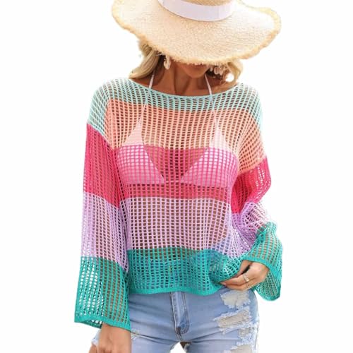 Qsvbeeqj Damen Crochet-Knit Fischnetz Crop Tops Aushöhlen Durchsichtig Langarm Smock Tee Shirt Strand Cover Up von Qsvbeeqj