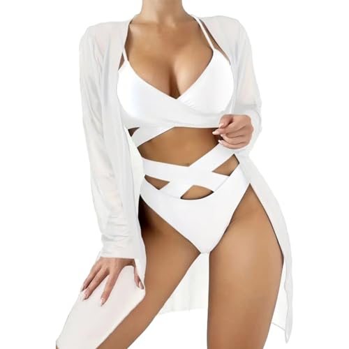 Qsvbeeqj Dreiteiliger Badeanzug für Damen, überkreuzte Bikinis, Push-Up-Bademode mit Sarongs, hohe Taille, Badeanzug von Qsvbeeqj