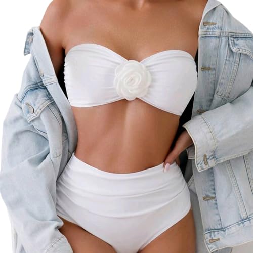 Qsvbeeqj Frauen 3D Geraffte Einfarbig Badeanzug Set 2Pcs Liebsten Bandeau Und Hohe Taille Tanga Bademode Badeanzug von Qsvbeeqj