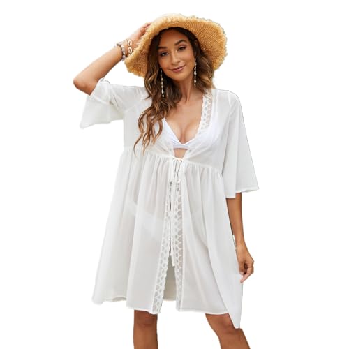 Qsvbeeqj Frauen Flowy Flare Halbarm Up Vorne Offen Spitze Up Kimono Strickjacke Spitze Patchwork Strand Kleid von Qsvbeeqj