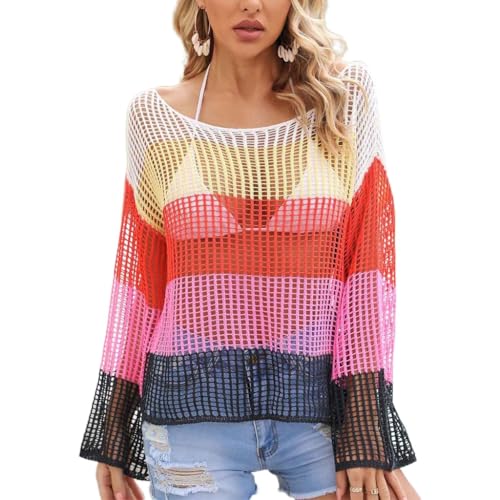 Qsvbeeqj Frauen Häkel Strick Fischnetz Crop Tops Ausgehöhlte Durchsichtige Langarm Kittel T Shirts Strand Up von Qsvbeeqj