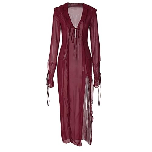 Qsvbeeqj Langes Strandkleid für Damen, durchsichtig, Netzstoff, Maxikleid, ästhetisch, seitlich geteilt, Bikinis von Qsvbeeqj