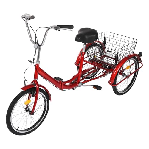 Queeucaer 20" Dreirad-Fahrrad Dreirad für Erwachsene 3-Rad-Fahrrad Anti-Rutsch-Reifen,für Erwachsene 1 Gang Lastenfahrrad Seniorenrad Mit Einkaufskorb,rot von Queeucaer