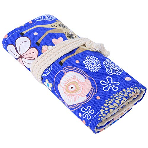 Qukaim Stationery Pencil Roll Bag, Blue Deer Pattern Canvas, 48 Holes Large Capacity Storage Bag for Stationery, Portable Pencil Case, Ideal for Students and Artists, mehrfarbig, 60_x_180_cm von Qukaim