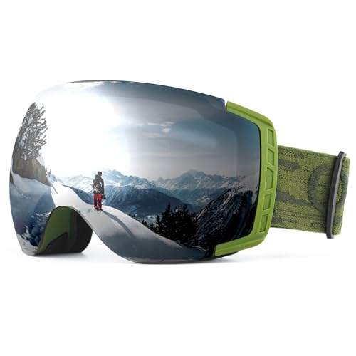 Qunature Skibrille Schneebrille UV-Schutz Ski Brille Dual Lens Anti-fog Sphärische Kompatibler Helm Verspiegelte Snowboardbrille für Brillenträger Damen/Herren, Skifahren, Snowboarden Grün von Qunature