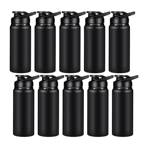 Qwertfeet 10 Stück Wasserflasche 600 Ml, Wiederverwendbare Flaschen, Schnappdeckel, Wasserflasche für Fitnessstudio, Sport, Camping, Wandern, Angeln, Schwarz von Qwertfeet