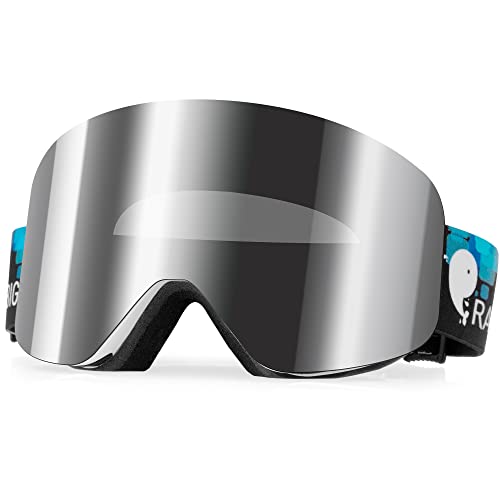 RABIGALA Antibeschlag Skibrille, snowboard brille herren damen Schneebrille wechselgläser antibeschlag brille UV-Schutz mit Magnetische schneebrille Helmkompatible, für Schneemobil/Skifahren(silver) von RABIGALA