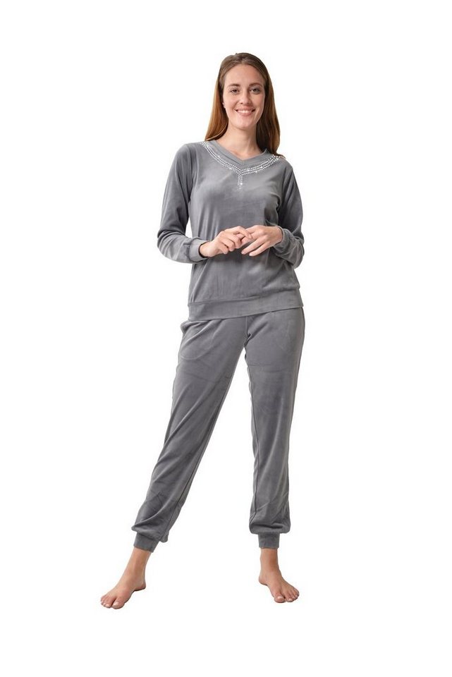 RAIKOU Hausanzug elegant Homewear Freizeitanzug Fitnessanzug (2-Teiliger Jogginganzug Trainingsanzug smartweiche Nicki, 2 tlg) am Ausschnitt mit hellem Stassstein von RAIKOU