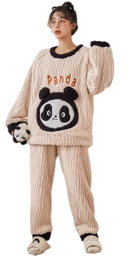 RAINCL Damen Flanell Pyjamas Anzüge Kleiner Samt Schlafanzug Warm Panda Muster,Beige,XXL von RAINCL