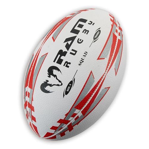 RAM handgenähter Trainings-Rugbyball mit 3 Lagen und 3D Grip für ultimative Pässe und Kontrolle beim Fangen, in rot, 2032, rot, 4 von Ram Rugby