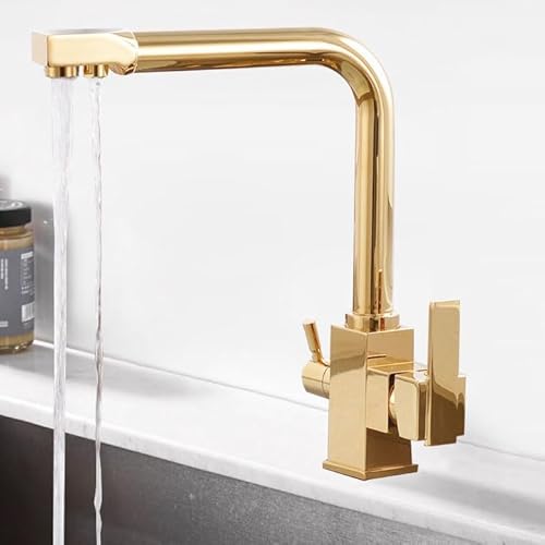 RASOANOA Dreiwege-Wasserfilter-Wasserhähne für die Küchenspüle, 360° schwenkbarer Mischbatterie-Wasserhahn 3-in-1 mit Zwei Hebeln, Chrom (Gold) Ambitious von RASOANOA