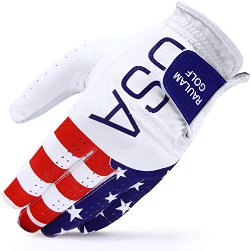 RAULAM INTERNATIONAL Golf-Handschuhe mit USA-Flagge mit perfektem Griff für Männer und Frauen, Golfhandschuh mit amerikanischer Flagge, linke Hand, rechte Hand, Golf-Handschuh (Sareno) (Damen XL, links) von RAULAM INTERNATIONAL