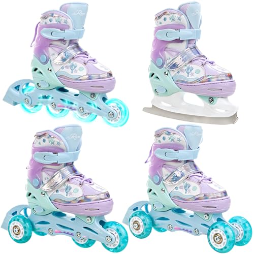 RAVEN 4in1 Inline Skates Triskates Rollschuhe Schlittschuhe Inliner für Kinder Mädchen verstellbar Geburtstag Geschenk (Isla Violet, 34-37 (21,5cm-24cm)) von RAVEN