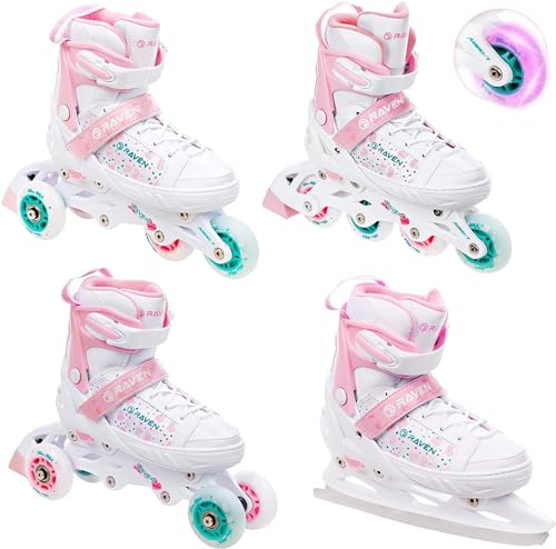 RAVEN 4in1 Inlineskates/Triskates/Rollschuhe/Schlittschuhe ROSI verstellbar mit LED Leuchtrad (35-39 (23-25,5cm)) von RAVEN