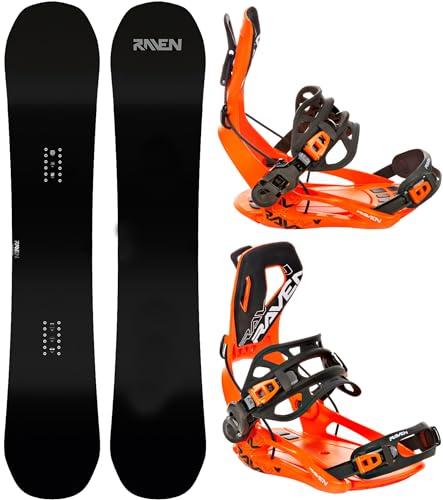 RAVEN Snowboard Set: Snowboard Pure Black + Bindung FT360 Black, Lemon (Snowboard 157 cm + Bindung L, FT360 Orange) von RAVEN