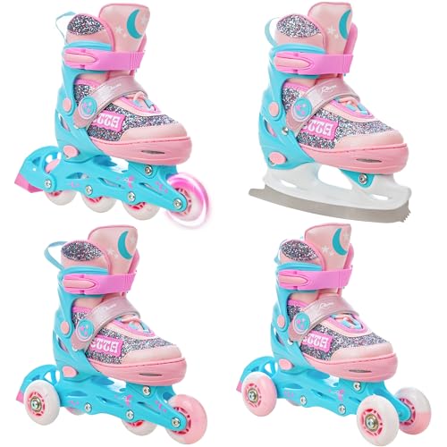 RAVEN 4in1 Inline Skates Triskates Rollschuhe Schlittschuhe Inliner für Kinder Mädchen verstellbar (Etta Blue/Pink, 34-37 (21,5cm-24cm)) von RAVEN