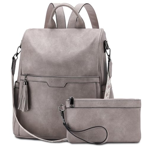 RAVUO Rucksack Damen, Anti Diebstahl Pu Leder Rucksack Tasche 2 in 1 Elegant Cityrucksack Wasserdicht Rucksackhandtasche mit Geldbörse,Grau von RAVUO