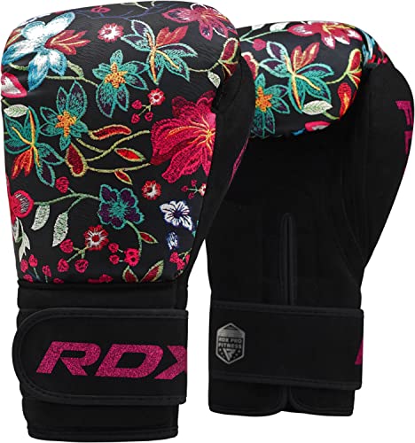 RDX Boxhandschuhe Frauen Damen, Kickboxen Muay Thai Sparring, Blumen Rosa Schwarz Boxing Gloves Women, Kampfsport MMA Boxsack Training, Punchinghandschuhe Kickboxhandschuhe Sandsack, 8 10 12 Oz von RDX