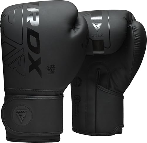 RDX Kinder Boxhandschuhe für Muay Thai Kickboxen Sparring, Maya Hide Leder Kara Junior Boxing Gloves, Sandsack Boxsack Punchinghandschuhe, Kickboxhandschuhe MMA Kampfsport Training Schwarz 6oz von RDX