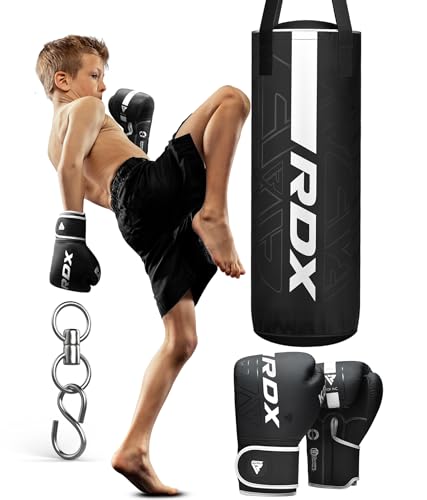 RDX Kinder Boxsack 2ft und Boxhandschuhe Set, Gefüllt Junior Kara Sandsack für Boxen, Kampfsport Kickboxen, Muay Thai, MMA Training, Punchingsäcke Handschuhe (MEHRWEG) von RDX