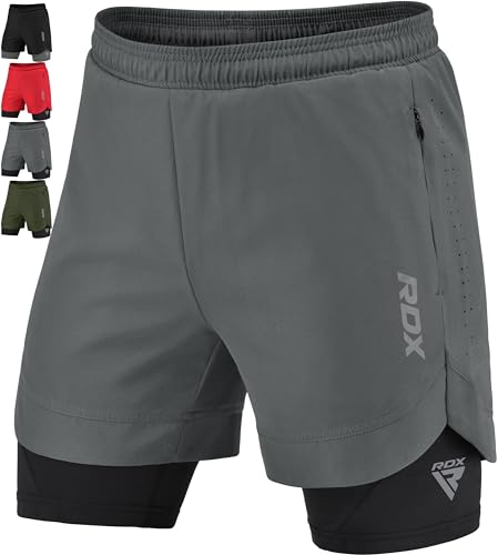 RDX Laufhose Herren kurz, 2 in 1 Running Kompressions Shorts, Trainingsshorts mit 2 Zipper und 2 Telefon Tasches, Laufshorts Am Besten für Sports Fitness Workout Joggen Schwimmen Gym Radfahren Yoga von RDX