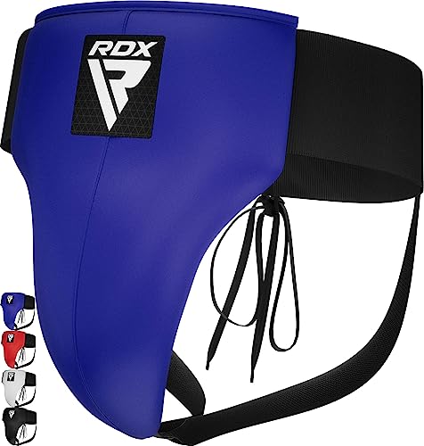 RDX Tiefschutz Herren Kampfsport Boxen, Genehmigt SATRA, Maya Hide Leder,Hodenschutz Manner MMA Kickboxen Unterleibschutz Handball Muay Thai, Groin Guard Zubehör,Tiefenschutz Taekwondo (Blau, X-Lage) von RDX