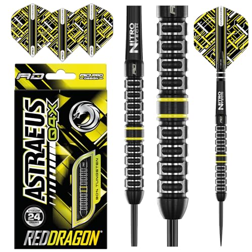 RED DRAGON Astraeus Q4X Paralleles 24 Gramm Premium Wolfram Steeltip Dart Set mit Flights und Schäften von RED DRAGON