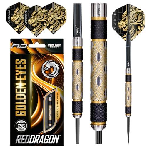 RED Dragon Golden Eye - 26 Gramm Profi Dartpfeile Set mit Flights und Schäfte (Tungsten Steel Tip Darts Set) von RED DRAGON