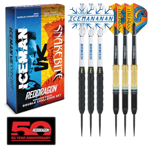 RED DRAGON Peter Wright 'Snakebite' v Gerwyn Price 'Iceman' DWC Steel Tip Dartset aus Messing mit Flights und Schäften RED DRAGON Peter Wright 'Snakebite' v Gerwyn Price 'Iceman' DWC Steel Tip Dartset aus Messing mit Flights und Schäften von RED DRAGON