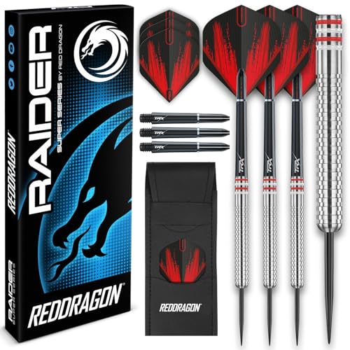 RED DRAGON Raider 1: 23 Gramm Wolframpfeil-Set mit Stahlspitze - Professionelle Dartpfeile mit Schäften (Stielen), Flügen und Checkout-Karte - Wahl der Farbe verfügbar von RED DRAGON