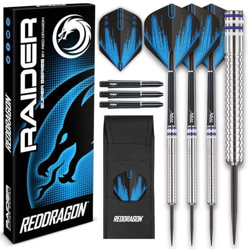 RED DRAGON Raider 1: 23 Gramm Wolframpfeil-Set mit Stahlspitze - Professionelle Dartpfeile mit Schäften (Stielen), Flügen und Checkout-Karte - Wahl der Farbe verfügbar von RED DRAGON