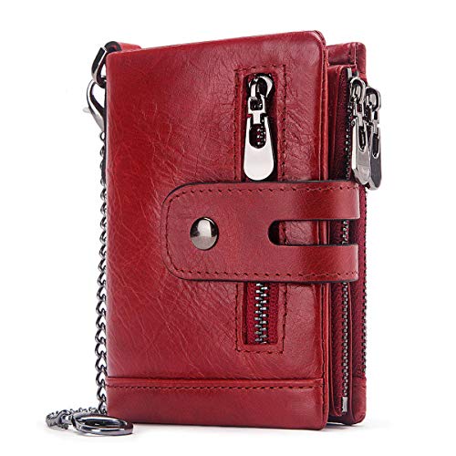 REETEE Geldbörse für Damen, RFID-Blockierung, Kleiner Reißverschluss, 16 Kartenfächer, aus Leder, Bifold Wallet mit Kette, Rot, Court paragraphe, Klassisch von REETEE