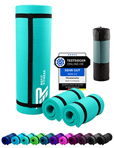 Fitnessmatte Sportmatte 190 x 60 x 1,5 cm Türkis Turquoise extra dick weich rutschfest Tragegurt Matte Fitness Gymnastik Sport Pilates Yoga Workout Yogamatte Gymnastikmatte Trainingsmatte Turnmatte von REFIT FITNESS