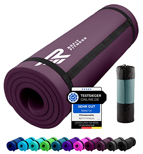 REFIT FITNESS Gymnastikmatte Profi 190 x 60 x 1.0 cm Aubergine PainProtect SmartCell NBR rutschfeste Yoga Matte Pilates Sport Gymnastik Yogamatte 10 MM Sportmatte Tragegurt Tasche von REFIT FITNESS