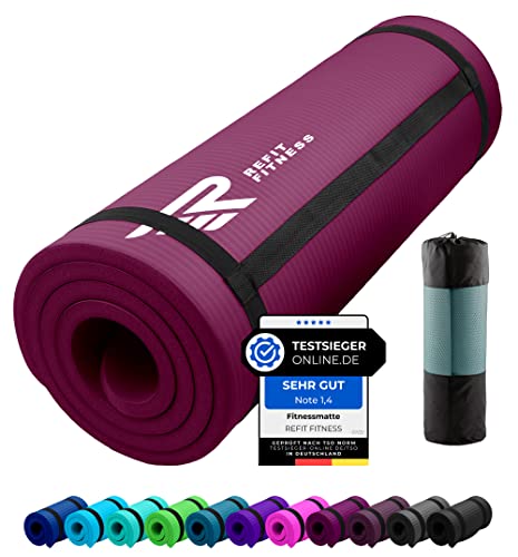 REFIT FITNESS Gymnastikmatte Profi 190 x 60 x 1.0 cm Beere PainProtect SmartCell NBR rutschfeste Yoga Matte Pilates Sport Gymnastik Yogamatte 10 MM Sportmatte Tragegurt Tasche von REFIT FITNESS