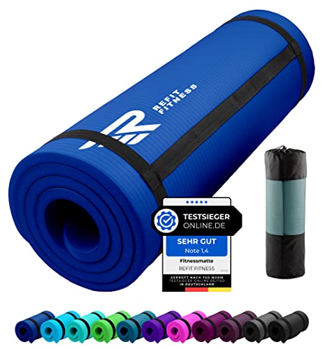 REFIT FITNESS Gymnastikmatte Profi 190 x 60 x 1.0 cm Blau PainProtect SmartCell NBR rutschfeste Yoga Matte Pilates Sport Gymnastik Yogamatte 10 MM Sportmatte Tragegurt Tasche von REFIT FITNESS