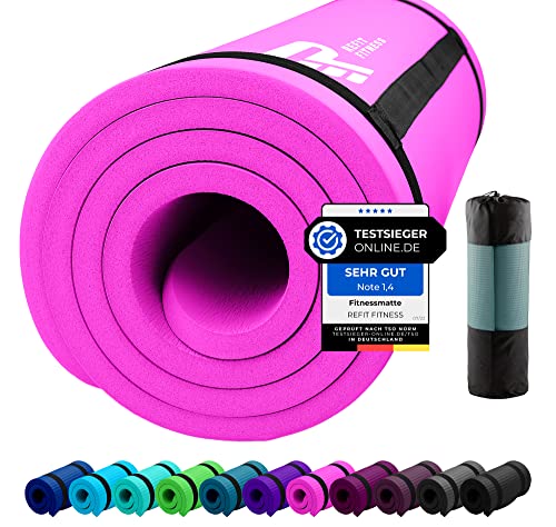 REFIT FITNESS Sportmatte Comfort-Max 190 x 60 x 1.5 cm Fuchsie Pink Rosa PainProtect SmartCell NBR Yogamatte Rutschfest Tragegurt Gymnastikmatte Matte für Sport Yoga Gymnastik Pilates von REFIT FITNESS