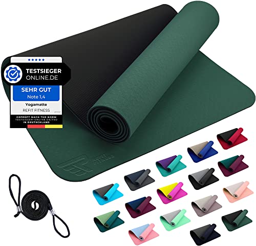 REFIT FITNESS Yoga Matte Perfect-Fit 190 x 60 x 0,6 cm GeckoGrip Sensi-Plus TPE Yogamatte Rutschfest Schadstofffrei Tragegurt Sportmatte Fitnessmatte Gymnastik Sport Pilates Sacramento Grün Schwarz von REFIT FITNESS