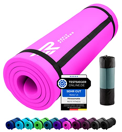 REFIT FITNESS Gymnastikmatte Profi 190 x 60 x 1.5 cm Pink Rosa PainProtect SmartCell NBR rutschfeste Yoga Matte Pilates Sport Gymnastik Yogamatte 15 MM Sportmatte Tragegurt Tasche von REFIT FITNESS