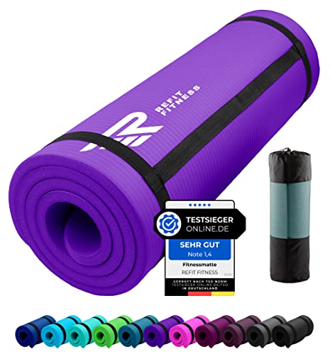 REFIT FITNESS Gymnastikmatte Profi 190 x 60 x 1.0 cm Violett Lila PainProtect SmartCell NBR rutschfeste Yoga Matte Pilates Sport Gymnastik Yogamatte 10 MM Sportmatte Tragegurt Tasche von REFIT FITNESS