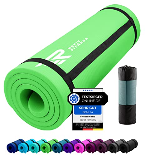 REFIT FITNESS Gymnastikmatte Profi 190 x 60 x 1.0 cm Grün PainProtect SmartCell NBR rutschfeste Yoga Matte Pilates Sport Gymnastik Yogamatte 10 MM Sportmatte Tragegurt Tasche von REFIT FITNESS