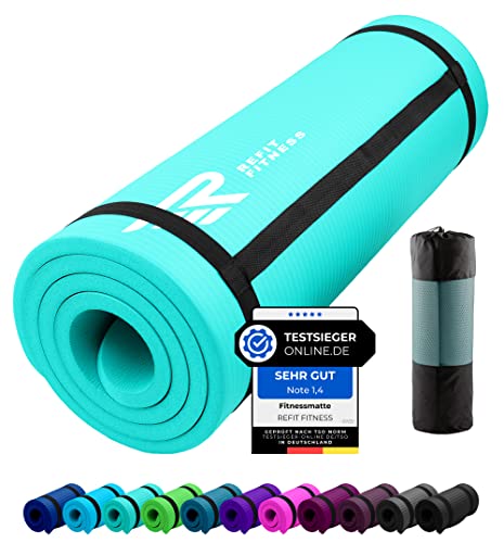 REFIT FITNESS Gymnastikmatte Profi 190 x 60 x 1.0 cm Türkis PainProtect SmartCell NBR rutschfeste Yoga Matte Pilates Sport Gymnastik Yogamatte 10 MM Sportmatte Tragegurt Tasche von REFIT FITNESS